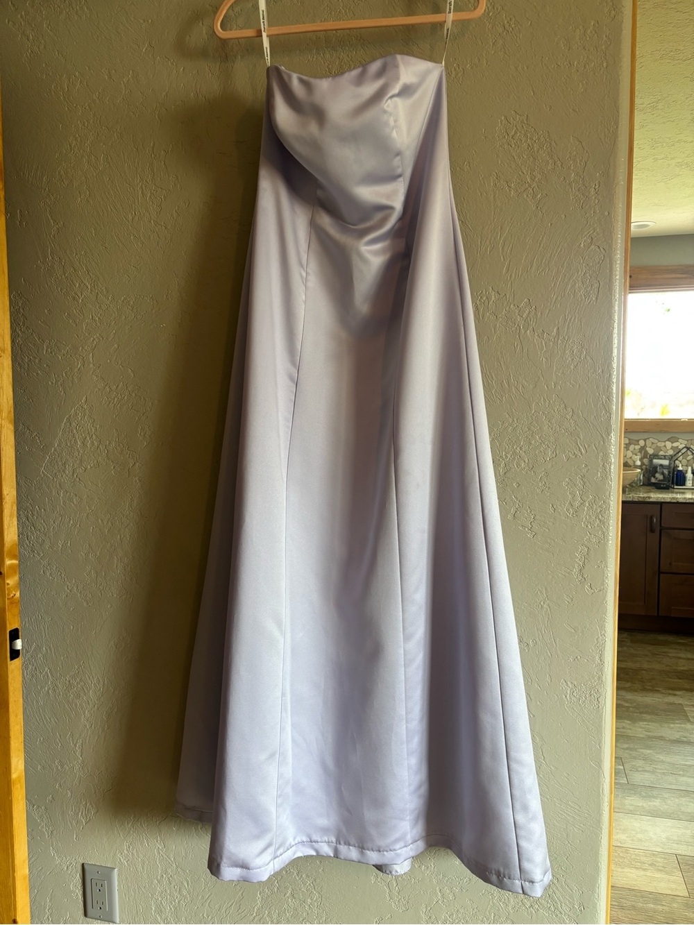 David's Bridal Strapless Lavender Satin A-Line Gown